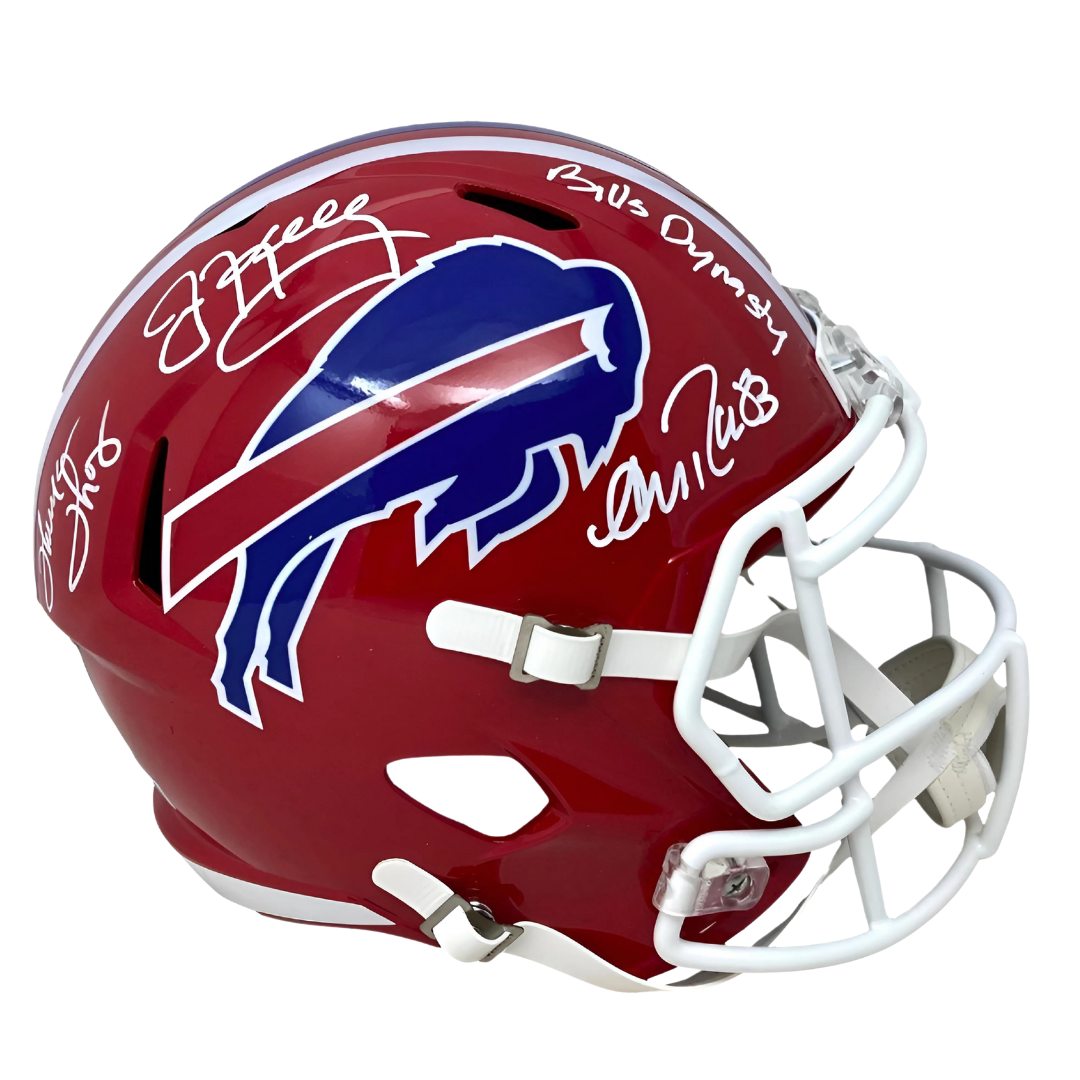 Jim Kelly, Thurman Thomas &amp; Andre Reed Signed Bills Full-Size Throwback Helmet Inscribed "Bills Dynasty"
