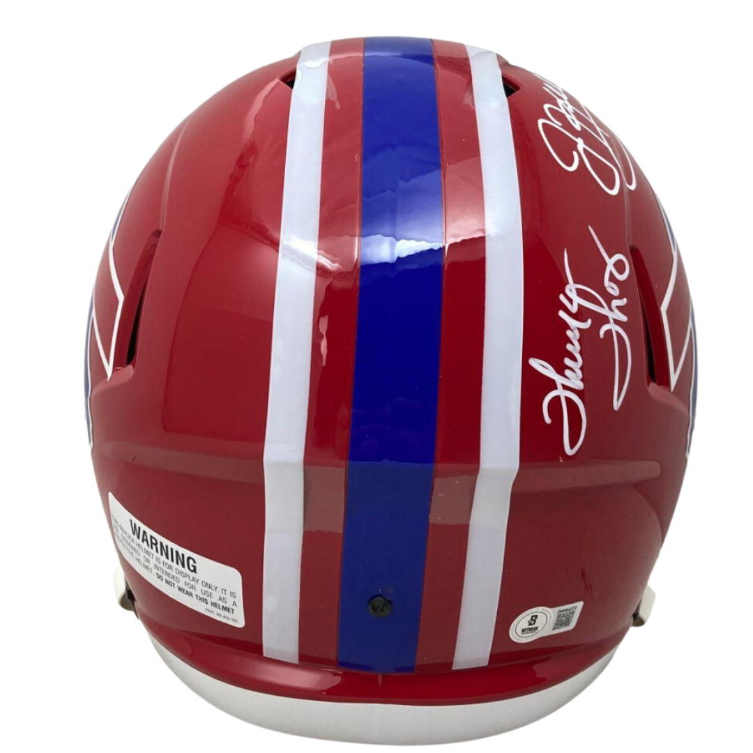Jim Kelly, Thurman Thomas &amp; Andre Reed Signed Bills Full-Size Throwback Helmet Inscribed "Bills Dynasty"